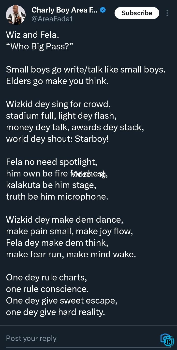 “River and fire no dey compete”: Charly Boy compares Fela Kuti with Wizkid amid social media clashes